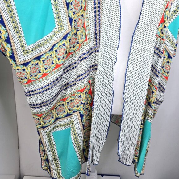 Democracy Aqua Blue Medallion Kimono Open Front Cardigan - Picture 7 of 9